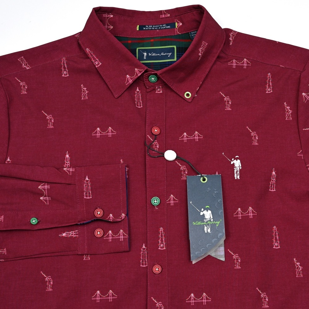 William Murray Men NYC All Over Print LS Golf Button-Down Shirt Small Maroon $95